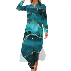 Casual Dresses Blue Gold Glitter marmor Chiffon Dress Sexig V Neck Modern Abstract Elegant Women Estetic Birthday Present