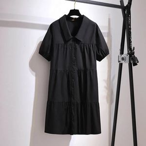 150 kg plus size Womens Summer Loose Cotton Short Sleeve Aline Dress Bust 152cm 5xl 6xl 7xl 8xl 9xl Lapel Button Black 240327