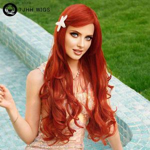 Synthetic Wigs Aquamarine Wig Synthetic Long Curly Orange Red Mermaid Wig with Bangs Loose Body Wave Wigs for Women Halloween Party Cosplay Wig Y240401