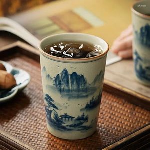 Çay Bardakları El Boyalı Peyzaj Çin Kupası Seramik Mavi Çay Far Açılış Güzel TeAware A Tören