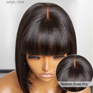 Syntetiska peruker Glueless peruk Mänskligt hår redo att bära % Human Hair Wigs Short Bob Wig With Bangs Full Machine Made Straight Human Hair Wigs Y240401