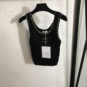 Canottiera a canotta lavorata a maglia di perle Canottiere sexy da donna con girocollo Canotte alla moda con gilet in maglia a quadri con diamanti