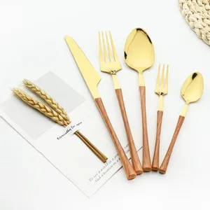 Conjuntos de utensílios de jantar espelho 6set Gold aço inoxidável conjunto de madeira textura de madeira Tableware