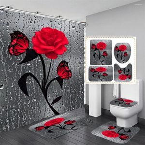 Занавески для душа, 4 шт., комплект занавесок для ванной комнаты, красная роза, наборы на день Святого Валентина с ковриками (коврик для ванной U-образной формы)