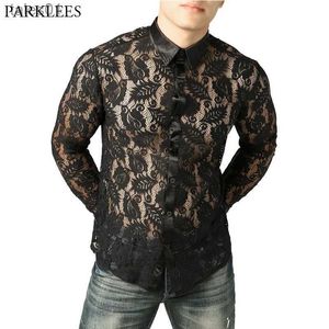 Homens Plus Tees Polos Mens Nightclub Estilo Lace Folhas Camisa Homens Slim Fit Manga Longa Botão Camisas de Vestido Sexy Malha Ver Através Masculino Camisa yq240401