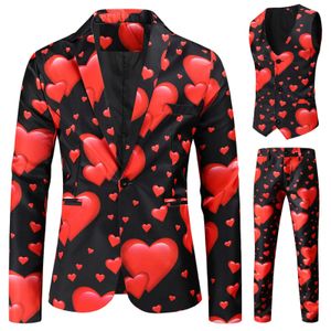 Valentine Mens Suits Three-Piece Set Printed Coat Vest Pants Suit Lovely Printed Coatvestpants Set Slim Fit Blazers Male 240318