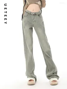 Damen Jeans UETEEY Grün hoch taillierte weites Bein Baggy Hose Streetwear Hose Y2k Mode 2024 Vintage Denim Straight