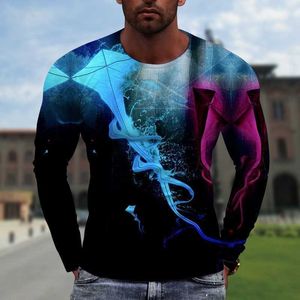 Hot Selling 3D Digital Printed Colorful Mens Long Sleeved Round Neck T-shirt