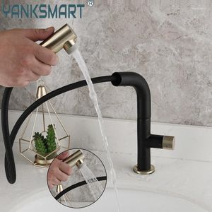 Torneiras de pia do banheiro Torneiras Vanity Basin Touchless Senser Black Gold Taps Deck Montado Pull Out Swivel Spout Pulverizador Mixer Torneira de Latão