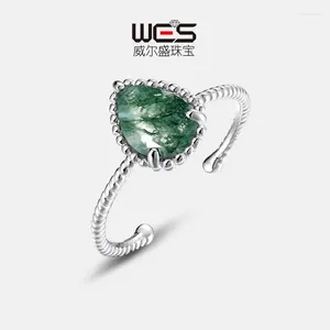 Anéis de cluster Cross Border Gota de Água Natural Grama Ágata Anel para Mulheres S925 Prata Incrustada Verde Musgo