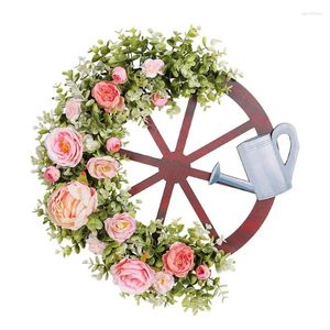 Decorative Flowers Farmhouse Wheel Wreaths Spring Welcome Wreath Watering Can Creative Artificial Floral Realistic