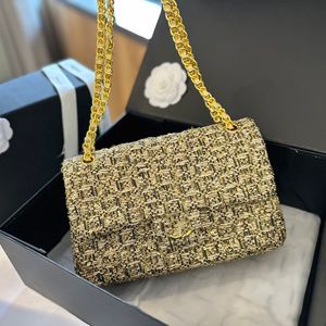 Cf Bolsa De Lantejoulas De Lã Designer Mulheres Bolsa De Ombro Tweed Diamante Ouro Hardware C-Botão Bolsa De Luxo Matelassê Corrente Crossbody Bolsa Bolsas De Maquiagem Bolsa Bolsas De Moda 25cm