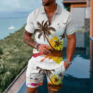 하와이 남성 폴로 세트 라펠 지퍼 셔츠 짧은 바지 2 조각 여름 해변 복장 코코넛 트리 3D 인쇄 대형 캐주얼 복장 240321
