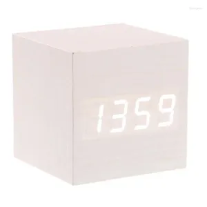 Table Clocks 008-12 Mini Cube Shaped Voice Activated White LED Digital Wood Wooden Alarm Clock With Date /Temperature (Ivory)