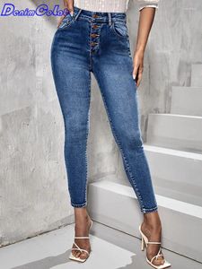 Jeans femininos denimcolab 2024 senhoras casual magro estiramento moda multi botão cintura alta calças jeans streetwear