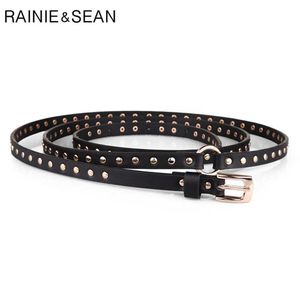 벨트 Rainie Sean Punk Womens Stone Belt Black Rivet Womens Street Clothing Thin and Extra Long 190cm Womens Pin Buckle Belt Q240401