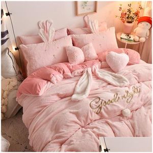 Bedding Sets Winter Luxury Warm Pattern Cute Milk Veet Bed Sheet Quilt Er Crystal Four-Piece Flannel Drop Delivery Home Garden Textile Dhi1T