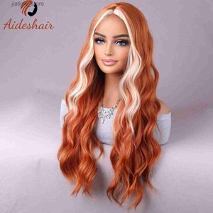 Synthetic Wigs Orange gold gradient hair European American wig womens long curly wavy synthetic wig for daily party use Y240401