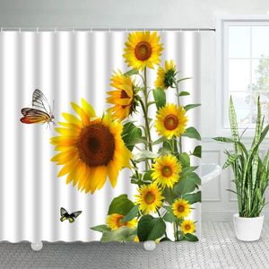 Shower Curtains Butterfly Sunflower Natural Yellow Flowers White Background Decor Simple Fabric Home Bathroom Curtain Sets