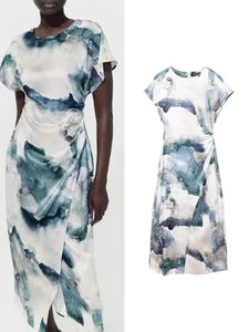 Traf Vintage Womens Round Neck Dress Summer Elegant Tie Dyed Raglan半袖ウエスト嘆願デザイン長い2024 240321