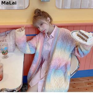 하라 주쿠 로리타 스타일 가을 여성 스웨터 한국 V 목 무지개 니트 카디건 세련