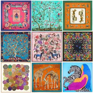 Luxury Brand 100% Twill Silk Scarf Multicolor Horse Square Scarf Design Print Kerchief Woman Neck Shawl Wraps Echarpe 240322