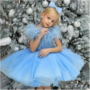 Mens Suits Blazers Luxury Feathers Tassel Girl Christmas Dresses Sky Blue Gorgeous O-Neck Sequined Kne-Length Party Pageant Ball Drop Dhmor