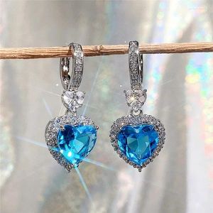 Dangle Küpeler Mavi/Garnet Kalp Kübik Zirkonya Düğünü Kadınlar için Sonsuzluk Aşk Nişan Aksesuarları Moda Takı