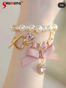 Chain Japanese Lolita Sytle Womens Accessories Sweet Womens Mine Love Heart Bow Rhinestone Pendant Cute Girl Two Piece Bracelet Q240401