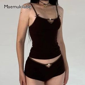 Maemukilabe 여성 2 조각 세트 Kawaii Spaghetti Strap Camis Crop Crop Tops 반바지 반바지 파자마 라운지웨어 요정 Coquette Y2K 의상 240325