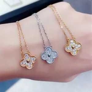 Hot S925 Silver Van High Version Clover Necklace Womens Full Diamond Agate Fritillaria Pendant Clavicle Chain