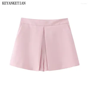 Kadın Şortları Keyanketian 2024 Pembe Piled Culottes Yaz Summer Geri Fermuar Yüksek Bel Bir Çizgi Kısa Geniş Bacaklı Pantolon Pantolon