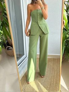 Women's Two Piece Pants Sleeveless Tube Top Solid Color Two-Piece Suit Autumn Winter Button Tops Slim Trousers Female Daily Casual Wear