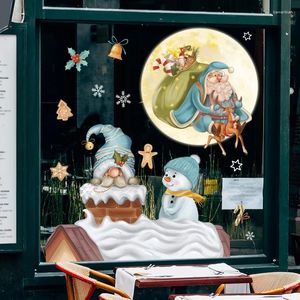 Naklejki na okno Bożego Narodzenia Snow House Old Man Snowman Cartoon Moon Storefront Szklane drzwi Push Pull Wakacyjna dekoracja