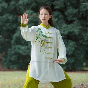 Ethnic Clothing 2024 Chinese Tai Chi Uniform Wushu Practice Martial Arts Wing Chun Flower Print Tops Pants Set Outdoor Sport