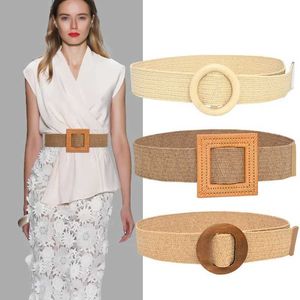 Bälten Hot Selling Retro Bohemian Woven Belt Summer Womens Belt Circular Square Leopard Print träspänne Fake Grass Rope Wide Belt Q240401