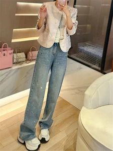 Women's Jeans Korean Fashion For Women 2024 Spring Summer Heavy Industry Flash Drill Retro Washed High Waist Wide Leg Pants Female