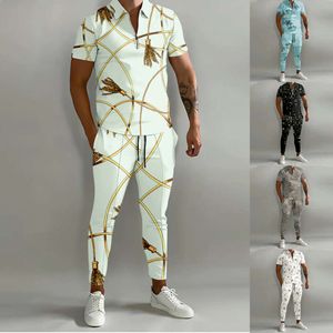 Men's Fashion Cheats, Printed Polo Shirt, Zippered Men's Short Sleeved Long Pants, Casual Set