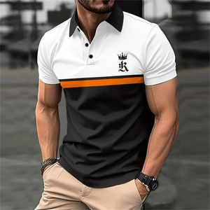 Funny Letter Print Polo T Shirt For Men Summer Casual Lapel Button Blouse Fashion Contrasting Colors Patchwork Short Sleeve Tops 240401