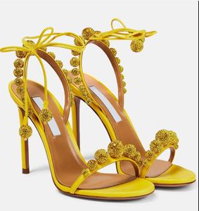 Luksusowy projektant Aquazzura Sandal Disco Disco Tancer Bride Sandals Koraliki Kryształowe krawaty kostki Stiletto Obcina Sukienka Wedding Party Sandal Sandal Sandal Toe