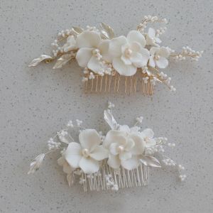 Gioielli Slbridal fatti a mano in lega di foglie strass Ceram Fiore perle d'acqua dolce Pettine per capelli da sposa Accessori per capelli da sposa Gioielli da donna