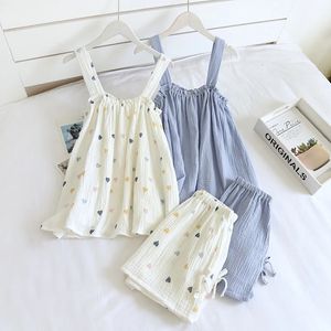 2024 Summer Style Ladies Pajamas Two-piece 100%Cotton Crepe Suspender Shorts Vest Suit Sweet And Loose Home Service Sexy Pjs240401