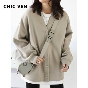 Kvinnors hoodies tröjor Chic Ven Korean Autumn Winter Womens Sports Coat Casual Loose V-Neck Sweatshirt For Women Thick Warm Tops Office Lady Female 240401