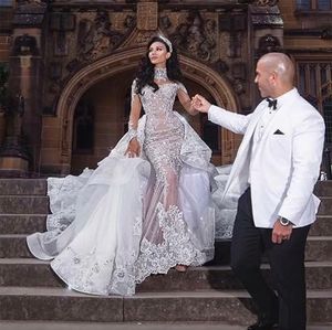 Luxurious Rhinestone Crystal Wedding Dress High Neck Beads Applique Long Sleeves Mermaid Bridal Dress Gorgeous Dubai Wedding Gown Overskirt