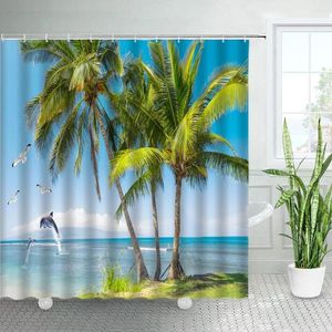 Shower Curtains Ocean Palm Trees Dolphin Birds Island Hawaii Natural Landscape Modern Polyester Fabric Bathroom Decor With Hooks