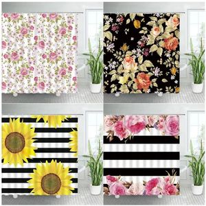 Tende da doccia Tenda floreale Fiori rosa Girasole giallo Strisce bianche e nere Decorazioni per il bagno Set da bagno in tessuto poliestere