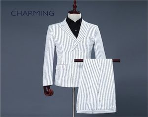 Mens Pinstripe Suit Beyaz çizgili kumaş Düğün Ev sahibi şarkıcı erkek takım elbise Men039s 2 adet takım elbise ceket pantolon3680242