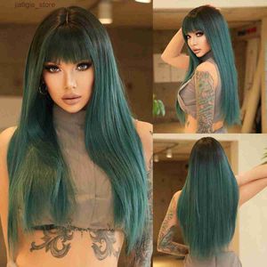 Synthetic Wigs NAMM Layered Wig Synthetic Green Top Dyed Black Wig for Women Cosplay High Density Black Wavy Wigs with Fluffy Bangs Glueless Y240401