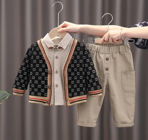 어린이 디자이너 옷 아기 소년 옷 세트 격자 무늬 스웨터 셔츠 팬츠 세 조각 세트