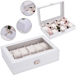 Anéis 12 slots Slots Profissional Watch Box Holder Storage Organizer White PU couro de couro Regalos para hombre 30x20x8cm